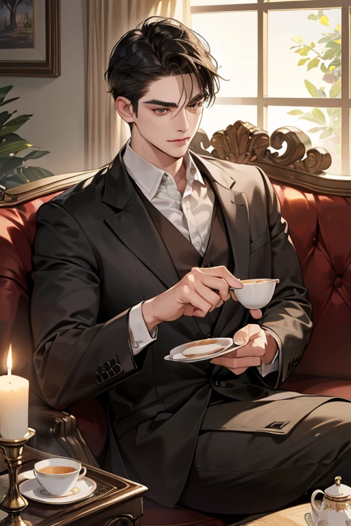 (masutepiece, Digital Art, Digital Illustration, 4K, 8K, Ultra-detailed, beautiful image, Sharp Image, Photorealistic, Raw photo, Perfect face, Perfect lines, Perfect eyes, Soft lighting) 1 male human, (A dark-haired,of hair between the eyes,2 blocks long,short-hair,Slippery hair,deadpan,Lowered eyebrows,Parallel eyebrows,Narrow-eyed,drooing eyes,Beauty,kindly smile,ember,40 years old:1.3),Handsome men, (ember,Man in a suit,Thin macho,Firm shoulder width,Adult male:1.2),Antique furniture,Antique sofa,Leather sofa,Antique table,aroma Candle,fantastical light,candelabra,At work,Sleepy face,Frantically opening your eyes,Troubled face,Beautiful eyebrows,Chunky jaws,Wrinkles at the corners of the eyes,afternoon tea,Elbow