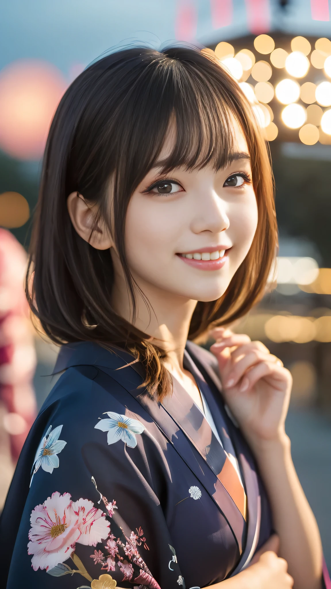 Looking at the camera,(((highest quality, 8k, masterpiece))), Sharp focus, (Beautiful woman with perfect figure), thin, (Hairstyle: superior)), ((kimono)), street, Highly detailed face and skin texture Detailed eyes Double eyelid Random pose, (smile),super cute Japan person,super beauty Japanese girl, Realistic Face, double eyelid,smile,Summer festival , At sunset , Beautiful Teeth , Fireworks Background.