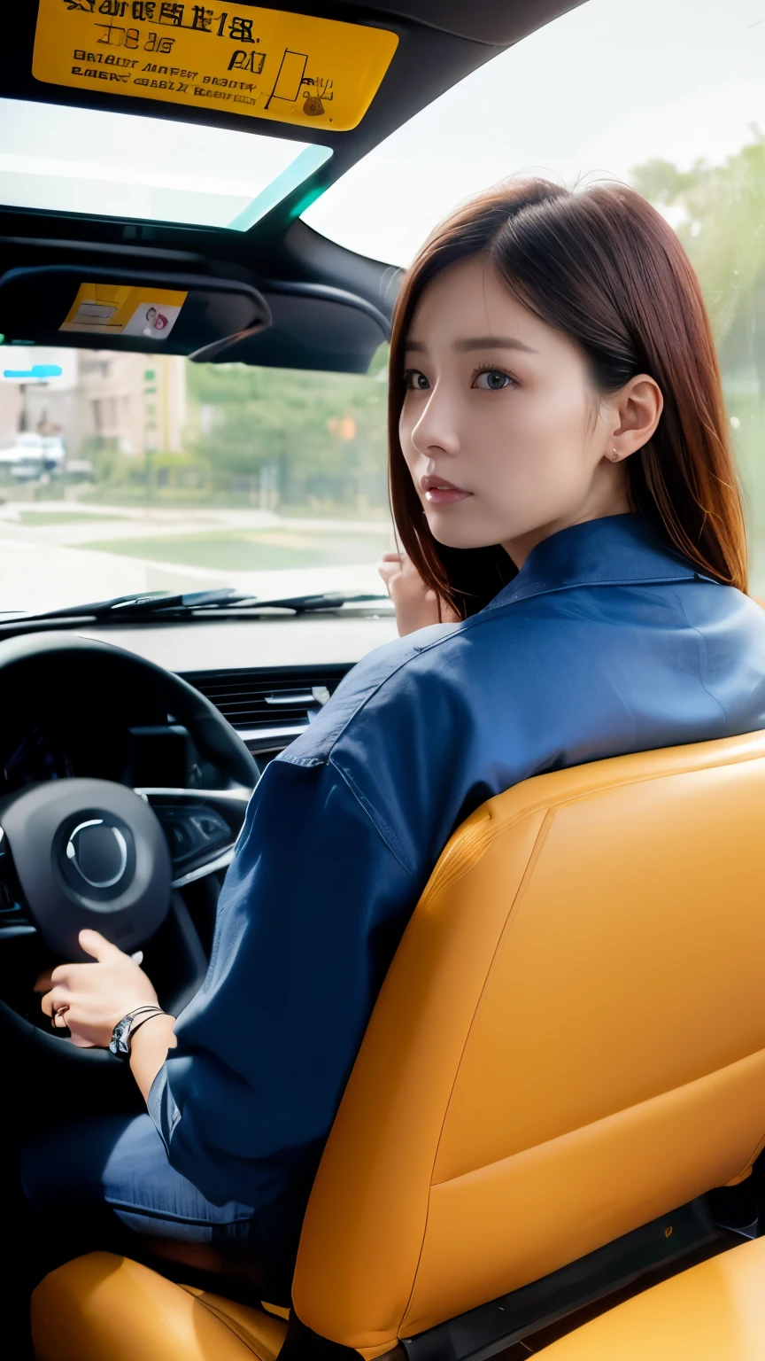 (8k, highest quality, masterpiece: 1.2), (Realistic, Realistic: 1.2), Looking back in the taxi、 (((Female taxi driver))), Take the driver's seat、Driving a taxi、((Wear a taxi cap))、Cute big tits、He is having a pleasant conversation with a passenger in the back seat.
