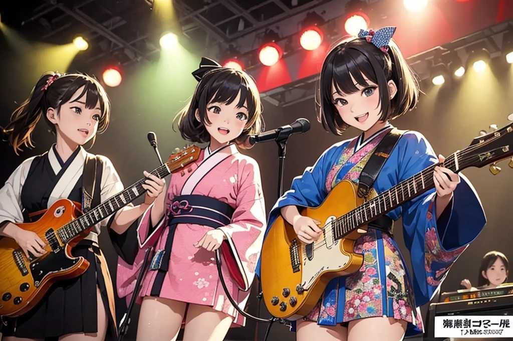 (masterpiece, best quality:1.1), popart style,flat color, (power trio band),girls band on stage,ten girls,wear kimono,guitar,base,keyboard,nice vocal,scattering sweat,
they enjoy playing,japanese steam-punk,taisho era,dynamic angel,very happy,beautiful lighting, photographic portrait, sharp,Illustration by okama,
