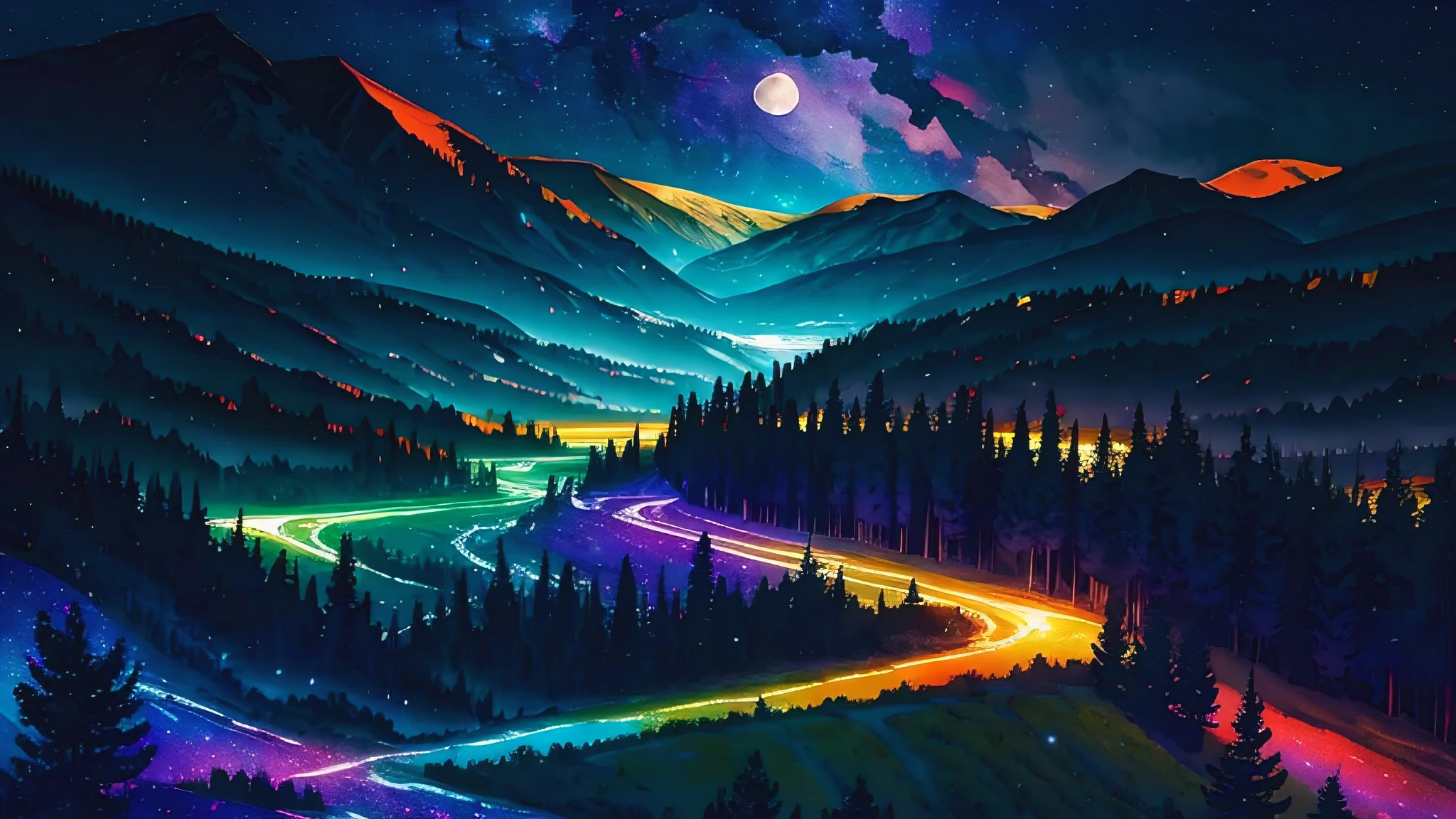 Vast landscape photography , (A view from below, with the sky above and the wide fields below), The view from the balcony of the house, (full moon:1.2), ( shooting star:0.9), (nebula:1.3), Distant Mountain, Treebreak Production Art, (Warm light source:1.2), (fire Fly:1.2), lamp, Lots of purple and orange, Intricate details, Volumetric Lighting Break
(masterpiece:1.2), (highest quality), 4K, Very detailed, (Dynamic configuration:1.4), Very detailed, Colorful details,( Rainbow-colored:1.2), (Shining Lights, Atmospheric lighting), dream-like, Magic, (alone:1.2),Realistic,