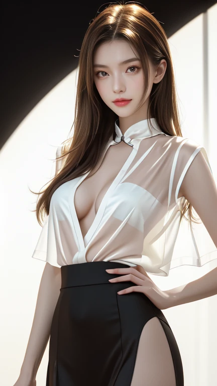 8K Ultra HD、Digital SLR Camera、soft light、high quality、Volumetric Lighting、frank、photo、high resolution、4K、8k、Bokeh，The eyes and face are very detailed， sharp pupils，Delicateeyes, Delicate lips, extremely Delicateeyes, Show a bright smile, Create stunning girl images, warm color, Very high color saturation，The legs look very long from the front，dynamic poses，Normal posture，20-year-old Chinese female model，Golden Ratio, Minimalism，Transparent and visible skin，Sheer silk shirt，Transparent silk maxi skirt，Transparent underwear，Brown hair、Invisible cyberpunk hairstyle，Cleavage、Exposed breasts、sexy、very detailed breasts, d cup size，black background，Yellow Theme