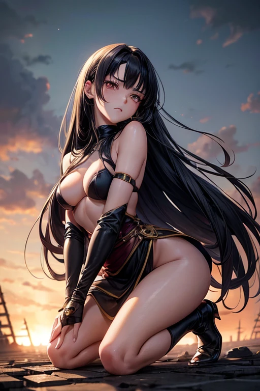 Draw Suzy, an anime-style female character with long straight black hair, thin black eyebrows, and brown eyes. small breasts, thin waist, big perky ass, thick thighs. she is wearing sexy medieval armor. She is on all fours, wounded from a bloody battle. facial expression of pain. View from the side with the camera approaching her waist, zooming in on her waist, perspective from bottom to top. scenery of a city devastated by war, reddish and dark sky, low light. injuries and scratches on the body. wrapped in black chains.