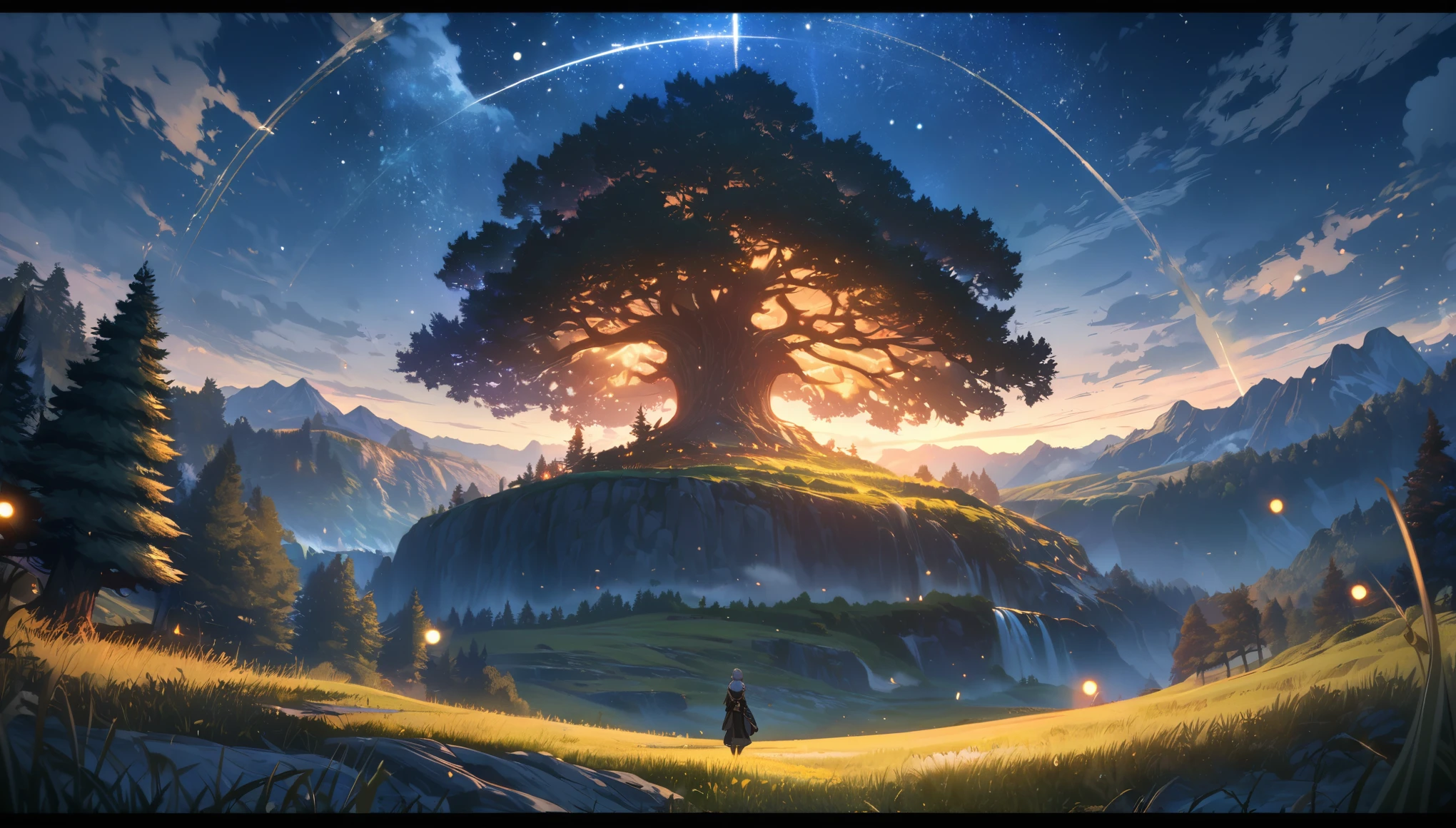 anime aestetics, fantasy landscape, dark blue skies, white dots of stars, huge tree with golden shining leaves on the right, valley, tall grass, bonefire, POV, pine trees on the sides, dark fantasy aestetics, beautiful skies, wide shot, sad and calm atmosphere, 4k, masterpiece:1.4, best quality,4k,high resolution ultra detailed, retina