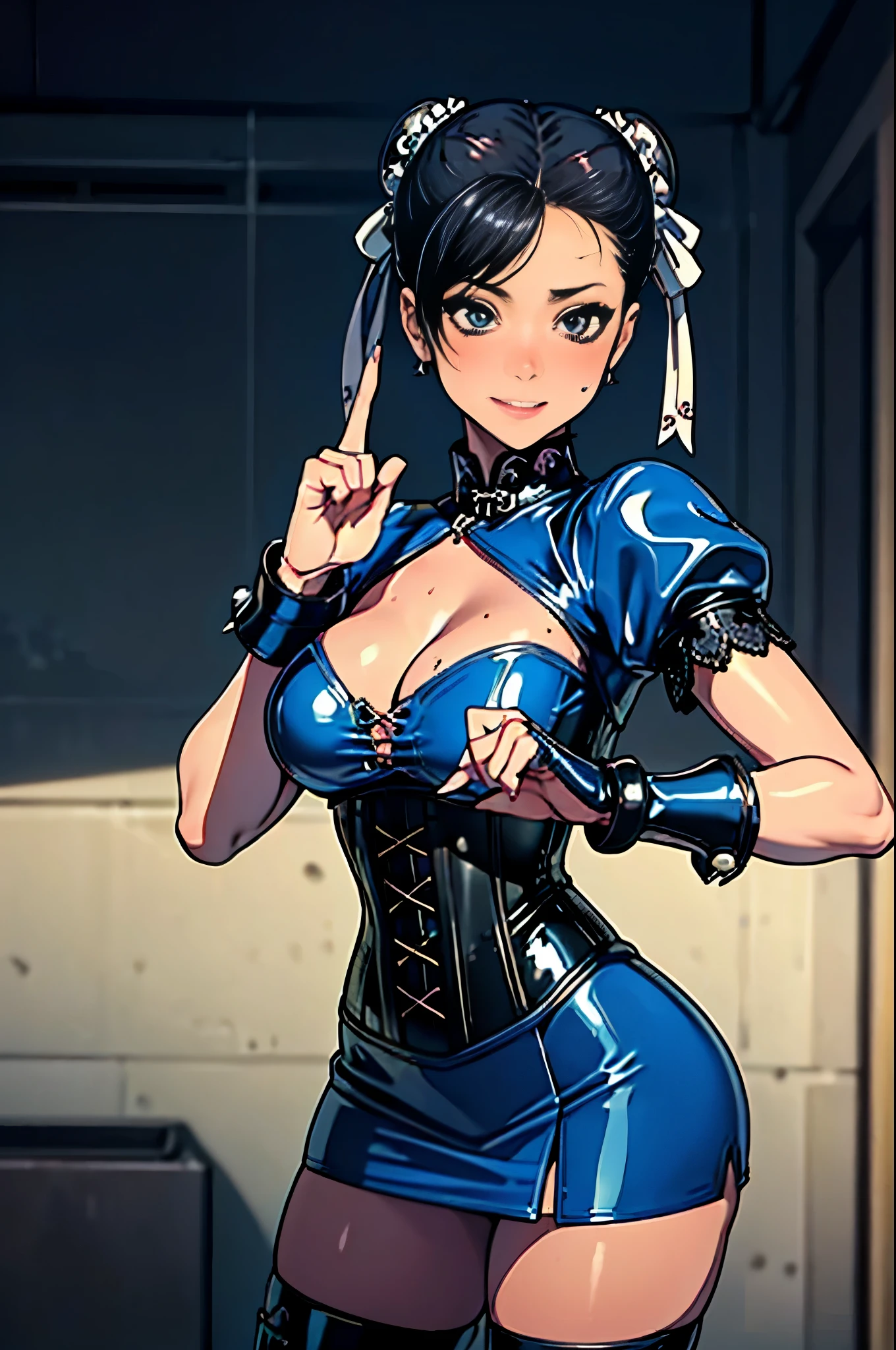 BDSM、Queen、mistress、(((One girl)))、solo、(((Long gloves covered to the fingertips in blue latex:1.4 )))、(((Blue latex corset dress:1.4)))、(((The corset dress is decorated with beautiful lace.)))、(((Corset dress with shoulder straps)))、(((Blue latex tight mini skirt:1.4)))、(((Black Thigh Boots)))、Stiletto heels、(((Black latex panties)))、(((Black latex bra)))、(((Black leather collar)))、(((Sexy pose)))、Wide-open legs、(((Erotic)))、(((Cowboy Shot)))、A masterpiece, super high quality, Ultra-detailed, 超A high resolution, figure, Dim lighting, photograph, 8k, One Girl, Outrageously beautiful and cute, Sweaty skin,(, shy), Chunli、Anatomically perfect fingers、Four fingers and a thumb、Staring at the audience、Wicked Smile、smile、blush