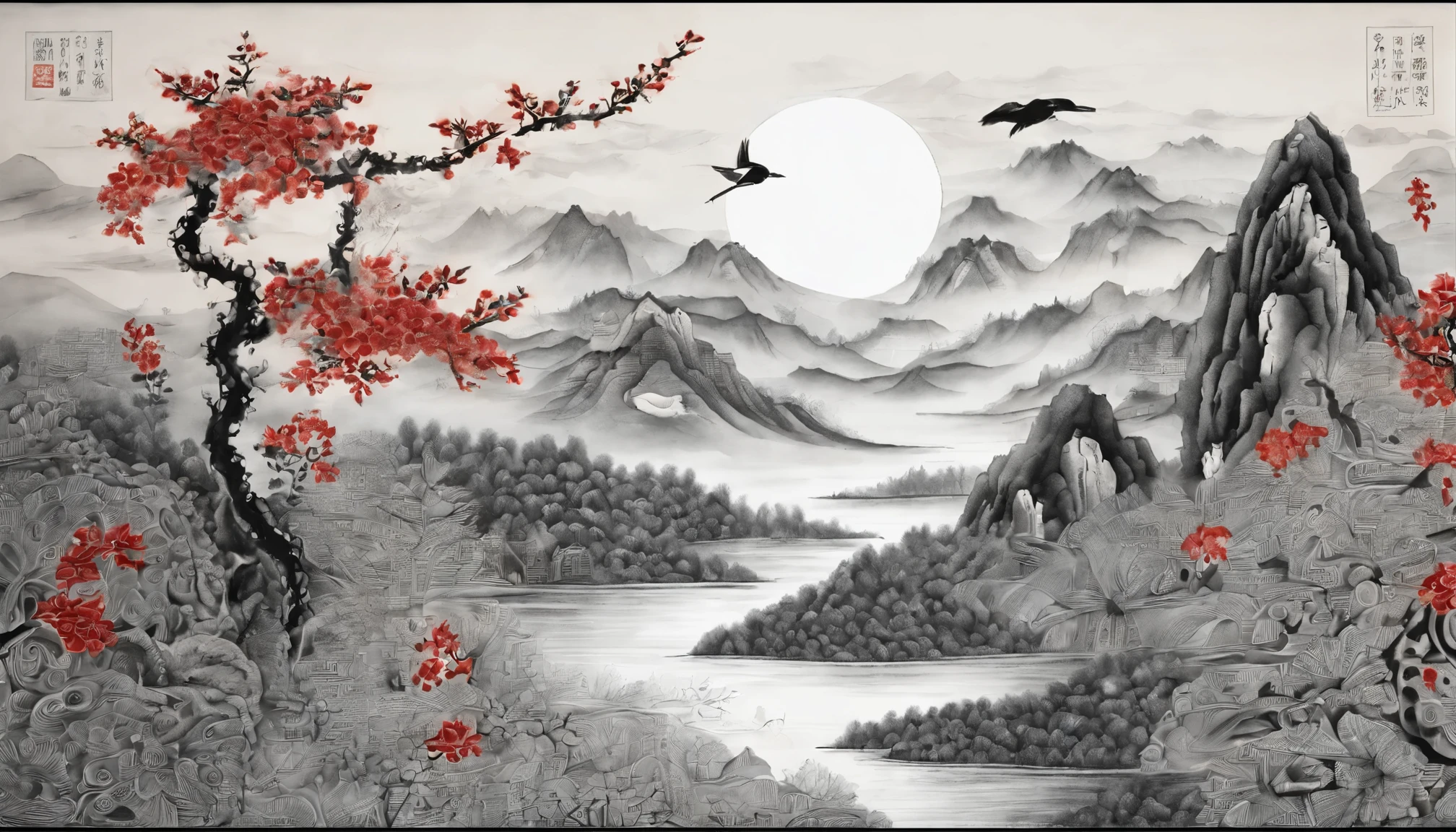Traditional Chinese colored ink painting,Chinese flower and bird painting, This painting shows many flowers blooming on the ground., Mountains and rivers, Trees, hills, A red full moon in the sky