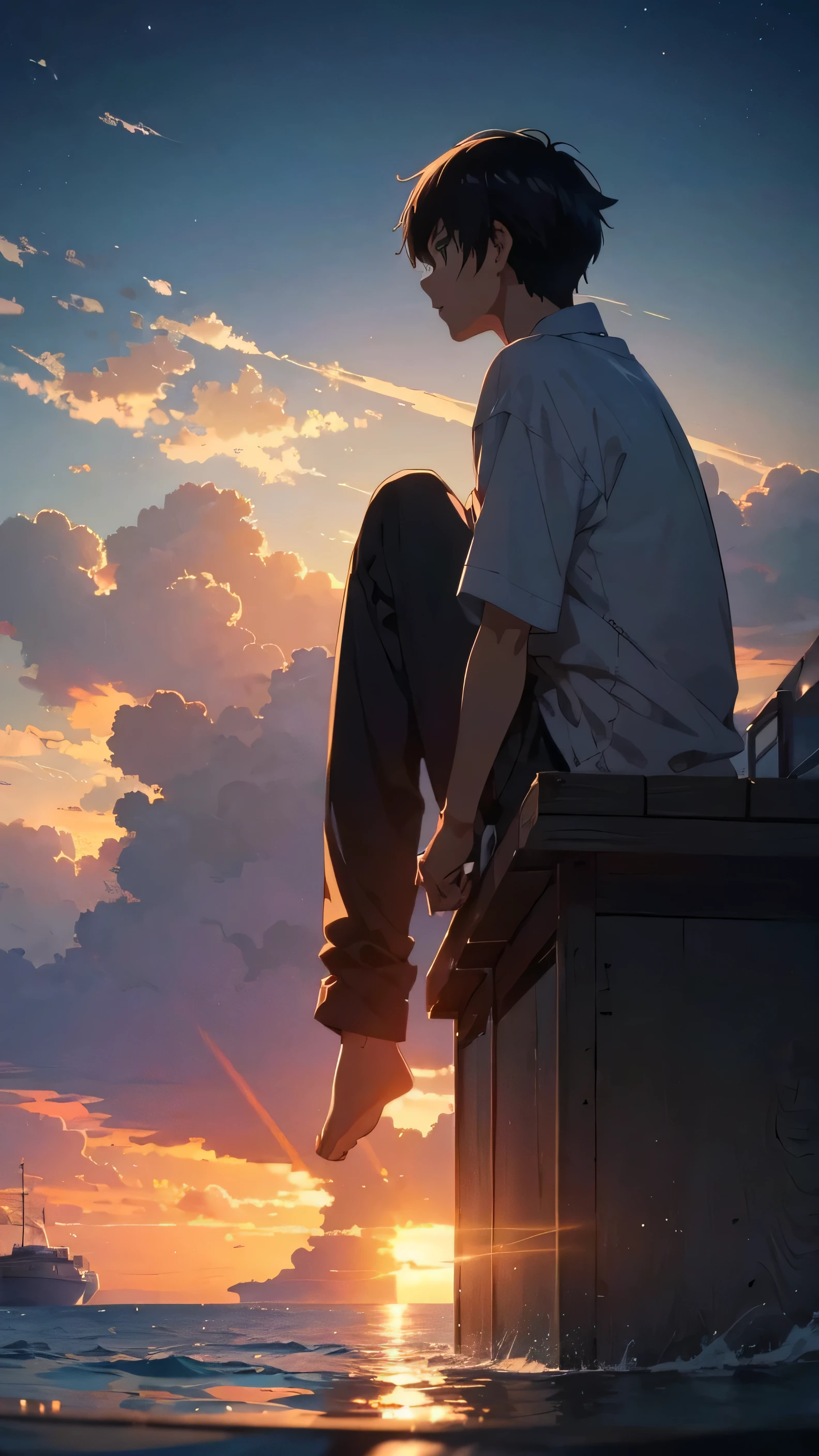 anime scene of a man sitting on a boat in the water, watching the sun set. anime, anime landscape wallpaper, anime atmospheric, anime wallaper, anime landscape, anime scenery, makoto shinkai and (cain kuga), anime nature wallpap, hd anime wallpaper, anime art wallpaper 4k, ultra hd anime wallpaper, anime art wallpaper 4 k