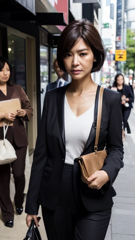 (beautiful woman, high resolution, wallpaper 8K screen, highest quality, real, ultra-definition, exquisite and perfect dynamic composition, (1 Japanese mature woman standing on the sidewalk in a business district), (pants suit: 1.4), (60 years old), (realistic skin texture) , (Fine wrinkles on the overall skin: 1.3), (Dull skin): 1.1), (Skin without moisture: 1.2), (Wrinkles on the face: 0.9), (Wrinkles around the corners of the eyes: 1.2), Double eyelids, Tear bag in the lower eyelid, looking away, serious expression, straight gaze, (dimples: 1.2), sharp eyes, dark and beautiful eyes, The eyes are on me, short hairstyle, short bangs, long hair, natural movement of the hair, Wearing a jacket over a tank top, high heels, glamorous body, (Shoulder bag: 1.2), (portrait focusing on upper body), (angle from the legs: 1.5),