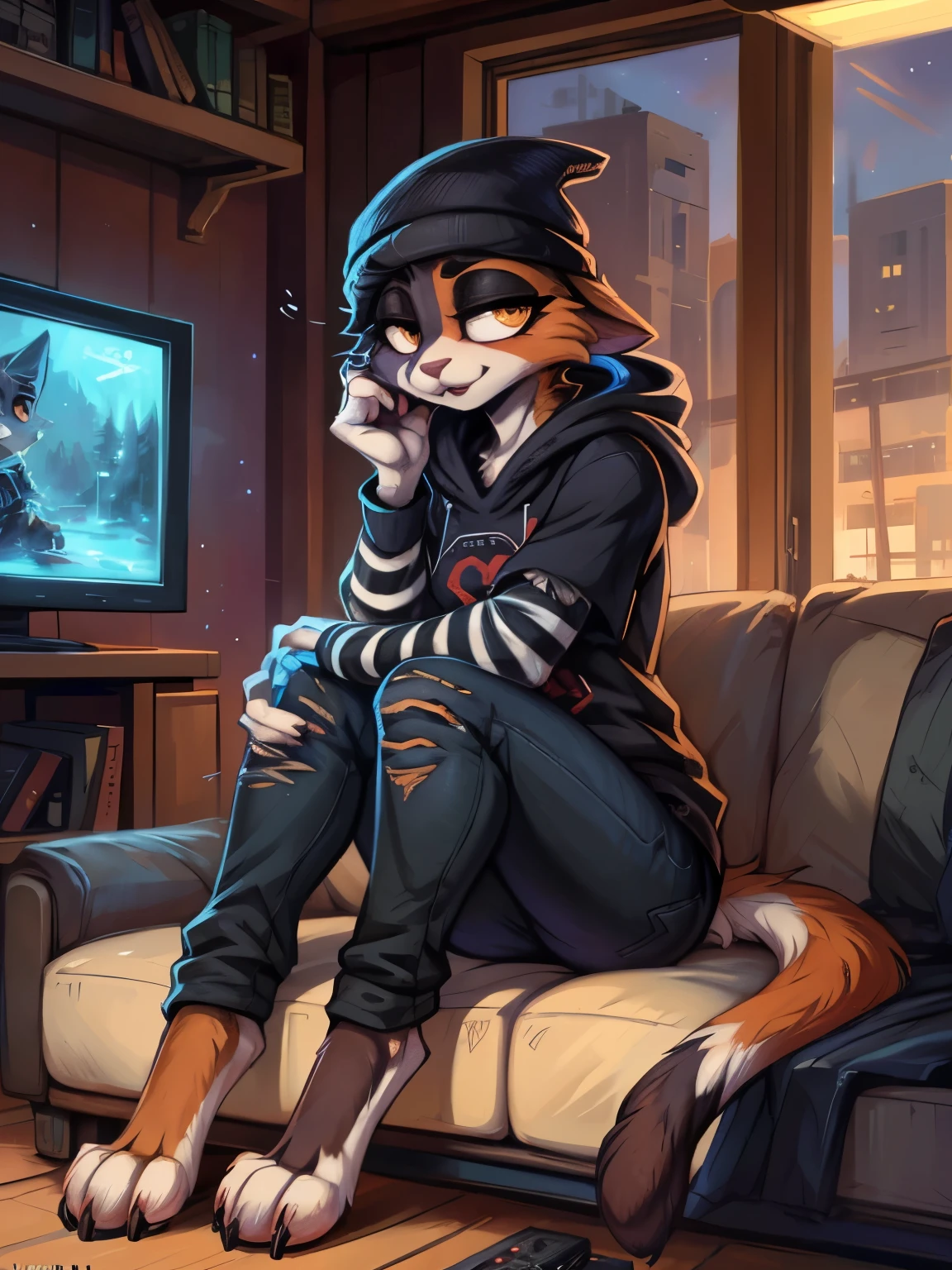 (best quality, masterpiece:1), solo, (shaded face:1.2), furry female anthro meowskulls, (noseless:1.1), sitting on couch, living room, tv, videogames, tail, medium breasts, bored, looking away, closed mouth, (mocking smile), (shivering:1.2), half-closed eyes, beanie, black hoodie, striped sleeves, black jeans, meowskulls paws, visible feet, (living room background, night), by kenket, Ross Tran, ruan jia, zaush, foxovh, by Zackary911, by hyattlen, by teranen, by fumiko, by Pixelsketcher, by Bayard Wu, by Thomas Benjamin Kennington, by Einshelm, by Kilinah, by Coffeesoda, by Hioshiru, by fluff-kevlar, by r-mk, by Dimwitdog, SFW