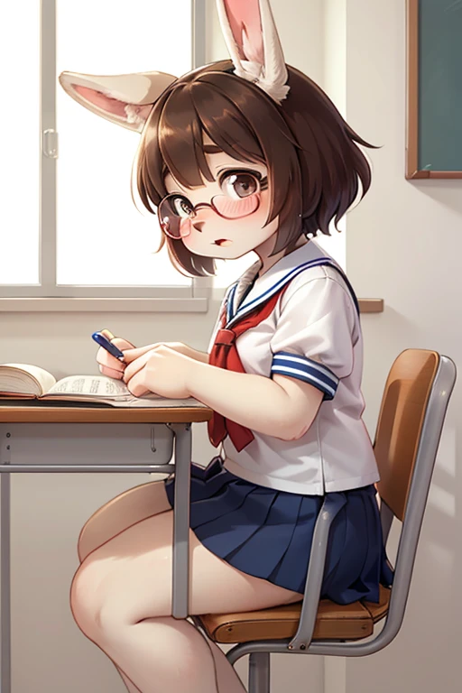 left side view , focus face , hairy bunny Short stature girl , (realistic hairy bunny fur:1.2) , round Mumps face , (tilt face:1.2) , full open eyes , Unsophisticated loose geek , round eyes , Swollen cheeks , shy , glossy lips , eyewear , in the school , Class is in progress , school sailor , skirt , sit on chair , Looking Ahead , Bored attitude , Kneel on the desk , Write in a notebook , Surprised