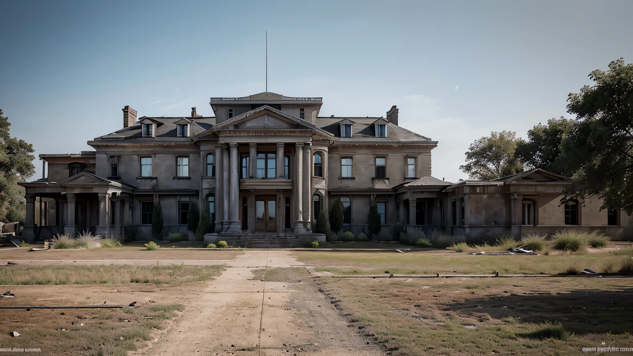 Draw a slightly shabby gray luxury mansion in the post-apocalyptic era as seen from the front.