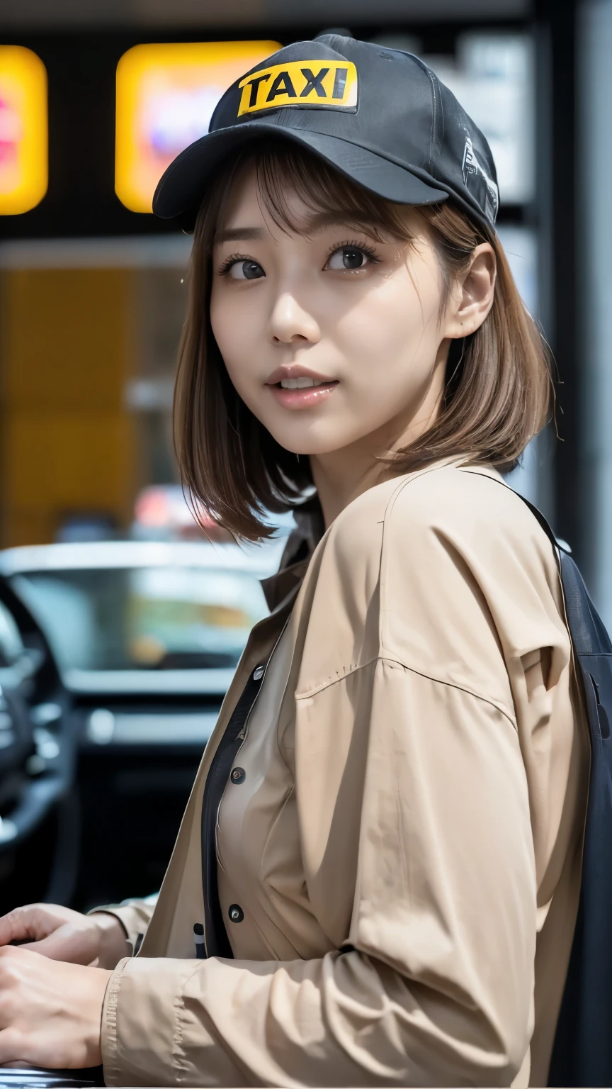 (8k, highest quality, masterpiece: 1.2), (Realistic, Realistic: 1.2), In a taxi、 (((Taxi driver))), Driving a taxi、Wear a taxi cap、 (((eye、mouth、No nose))),,(((A faceless man looking back)))