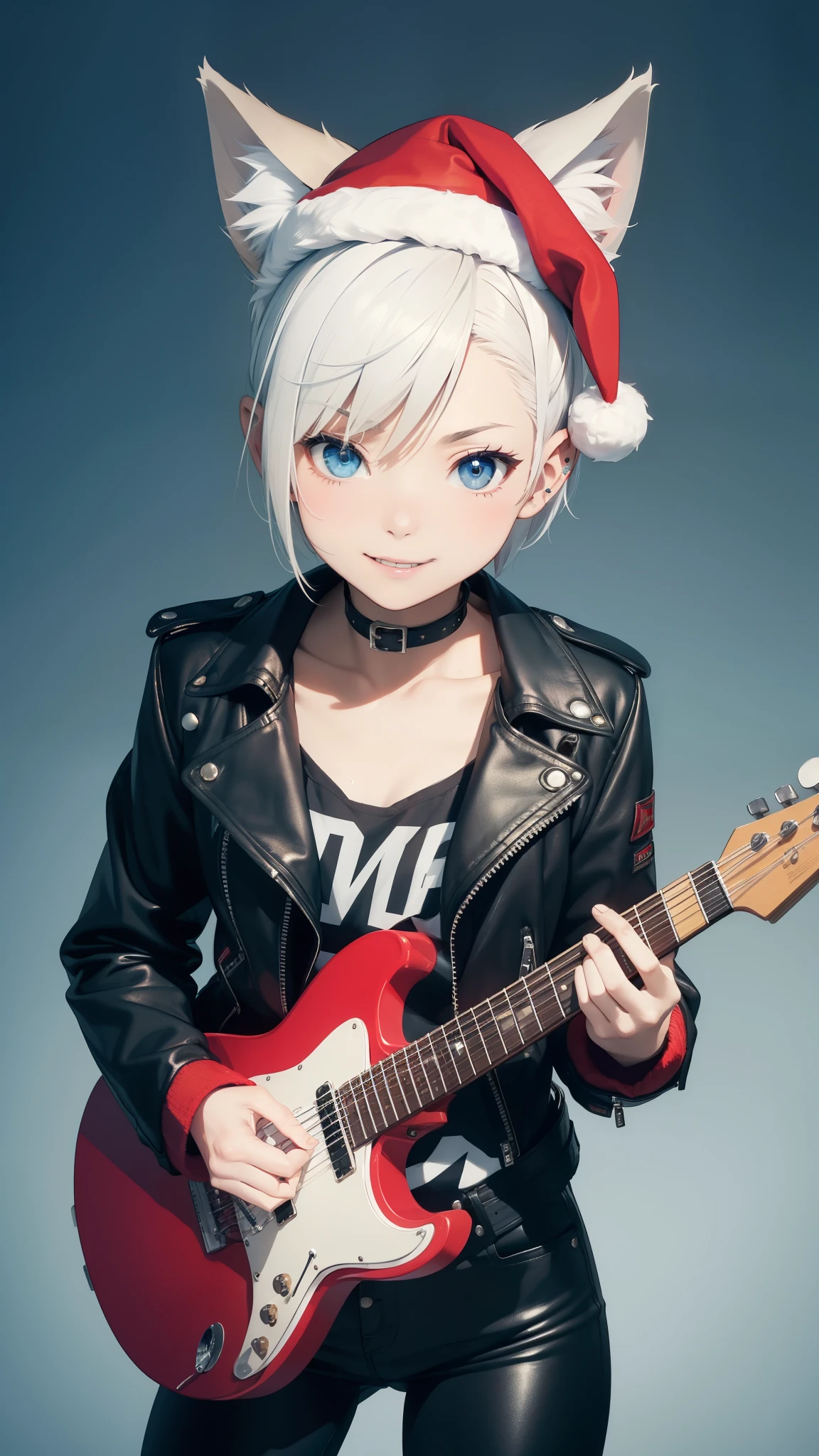 Masterpiece, wide smile, boyish girl with short (white hair), solo, (half shaved hair style), (shy face expression), ((has wolf ears, has wolf tail)), (wearing leather jacket, leather pants), (cristmas santa hat), (chocker, collar), thick thighs, wide hips, solo, alone, no wolves, has glowing blue eyes, flat chest,Comics, fantasia, sfw, playing on guitar, video clip, storytelling