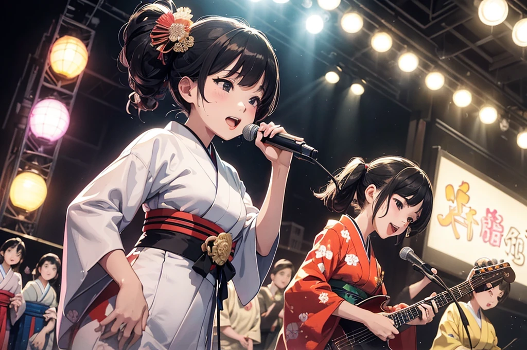 (masterpiece, best quality:1.1), popart style,flat color, (power trio band),girls band on stage,ten girls,wear kimono,nice vocal,scattering sweat,enjoy playing,japanese steam-punk,taisho era,dynamic angel,very happy,beautiful lighting, photographic portrait, sharp,Illustration by okama,