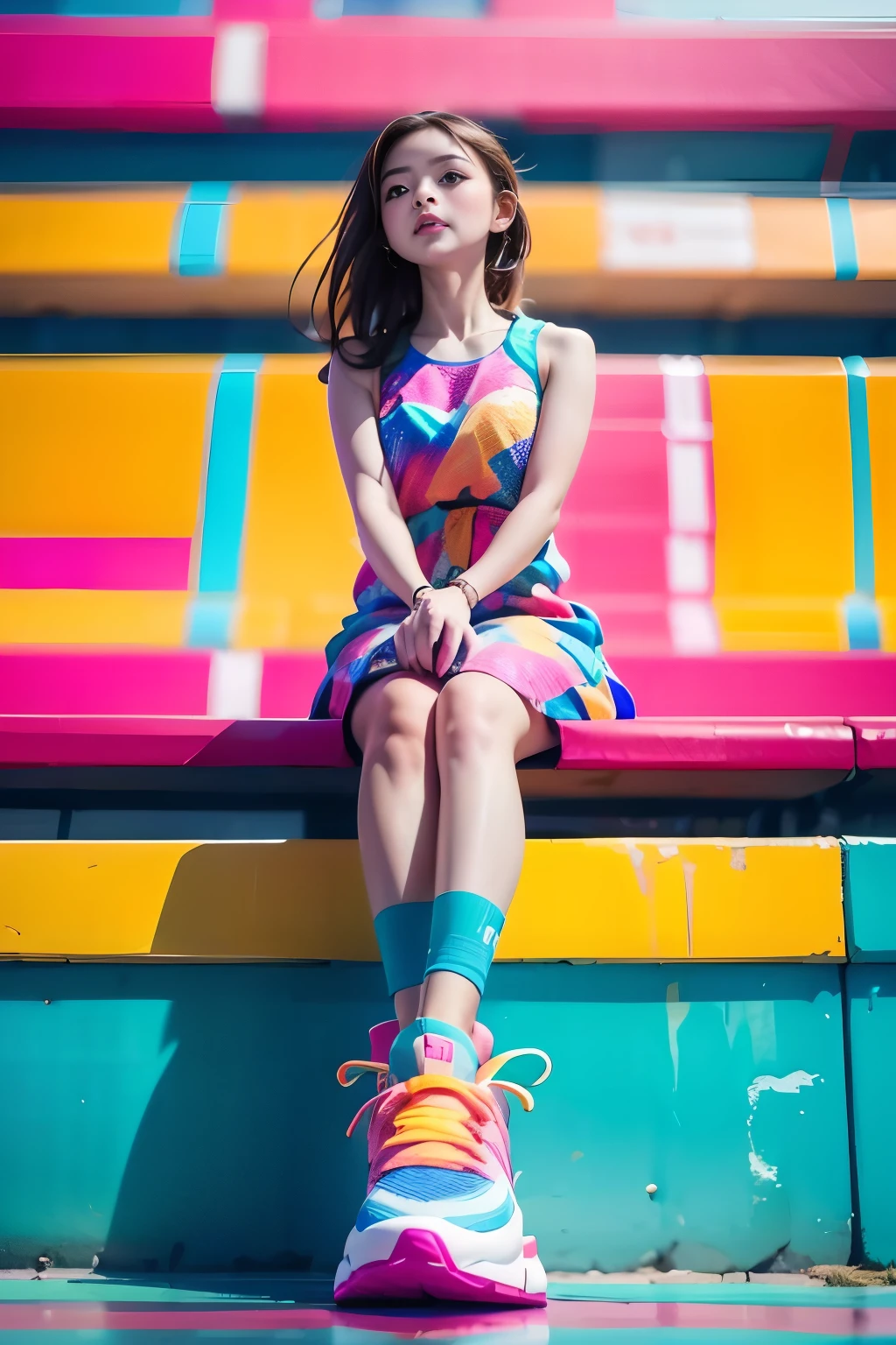 Girl in colorful dress，(Look up:1.5)，athletic sneakers，Shallow space，Urban architectural background，Sit Pose，Best quality, Masterpiece, 8K，depth of fields