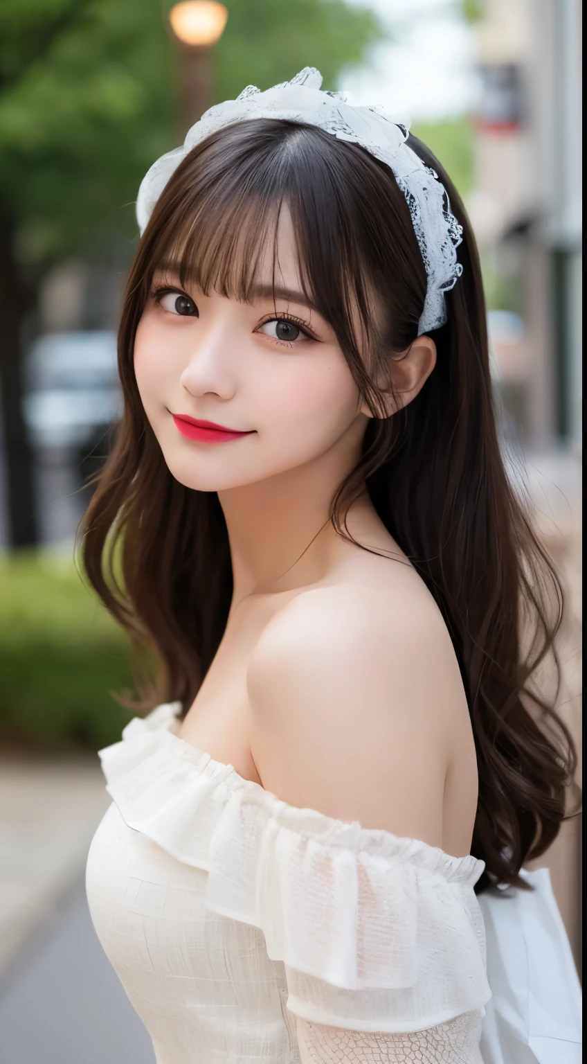 Tabletop, highest quality, shape, Very detailed, finely, High resolution, 8k wallpaper, 完璧なダイナミックな構shape, Beautiful and detailed, Small breasts, Natural color lip, Random sexy poses,smile、20-year-old girl、Midnight、Beautiful and dense face、Perfect and beautiful face,Big eyes、Actual photo（Best image quality）,Lightweight off-the-shoulder dress、looking at the camera、Please stand、Putting on gal makeup,Blurred Background、ta Fashion