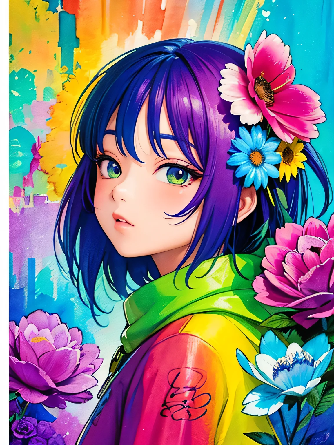 Akira Toriyama style、8K Quality、Intense watercolor, Detailed watercolor art, Watercolor splash, Surreal, avant-garde pop art, Beautiful and expressive paintings, Beautiful artwork illustration, Very colorful tones, wonderful, Cool beauty, highest quality、Official Art, Vector art, Stylish design, ((The most beautiful girl of all time)), (((highest quality))), HDR, ((detailed)), (((Doodle Art)), ((masterpiece)), ((Super detailed)), (((Colorful flowers))), City street corner,