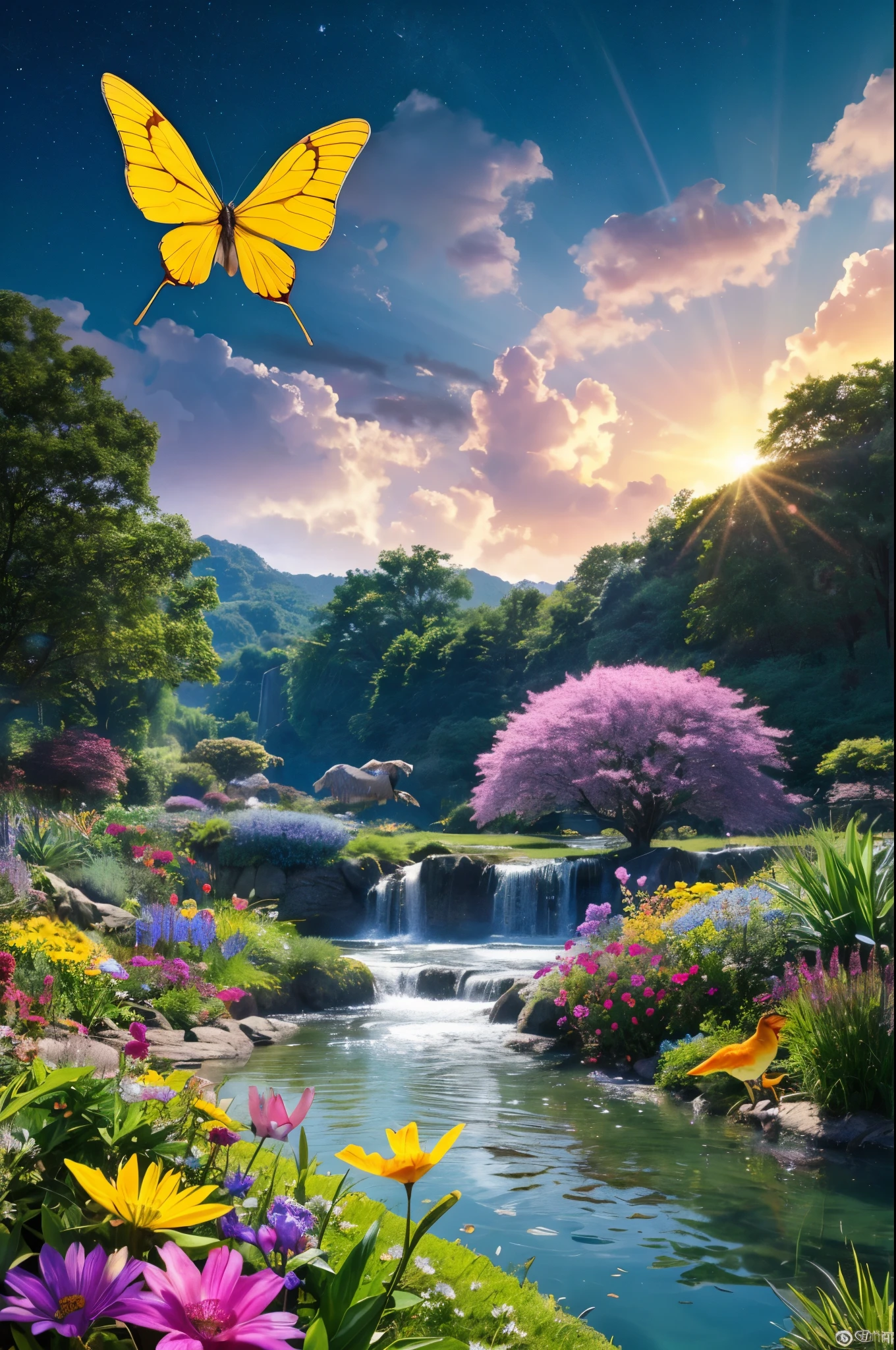 masterpiece, 最high quality, high quality, Very detailed cg unity 8k wallpaper, With vibrant colors and a bright night sky、an extremely colorful and pure fantasy environment, Star-filled sky, Bright green grass landscape, colorful trees々, Shining Fruit, Bright and shiny blue flower. The stream is a deep black color, The air is filled with sweet exotic scents. The environment looks like something out of a dream, Glowing butterflies and giant colorful birds fly around, Award-winning photography, Bokeh, Depth of written boundary, High resolution, bloom, chromatic aberration ,Realistic,Very detailed, Trending on Artstation, Trending on CGSociety, Complex, Attention to detail, dramatic, art:Mid Journey