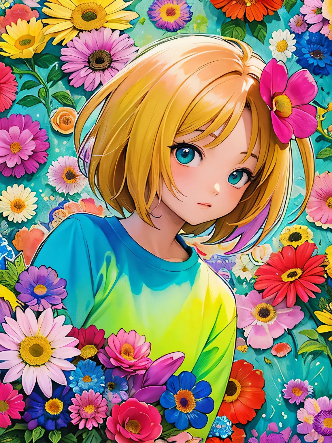 Akira Toriyama style、8K Quality、Intense watercolor, Detailed watercolor art, Watercolor splash, Surreal, avant-garde pop art, Beautiful and expressive paintings, Beautiful artwork illustration, Very colorful tones, wonderful, Cool beauty, highest quality、Official Art, Vector art, Stylish design, ((The most beautiful girl of all time)), (((highest quality))), HDR, ((detailed)), (((Doodle Art)), ((masterpiece)), ((Super detailed)), (((Colorful flowers))), City street corner,
