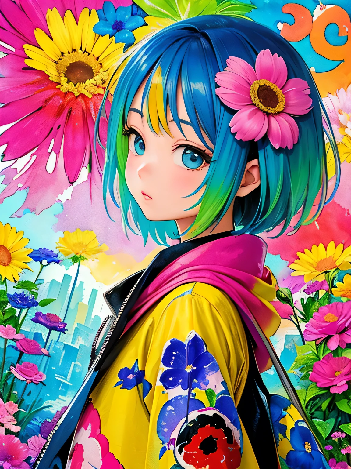 Akira Toriyama style、8K Quality、Intense watercolor, Detailed watercolor art, Watercolor splash, Surreal, avant-garde pop art, Beautiful and expressive paintings, Beautiful artwork illustration, Very colorful tones, wonderful, Cool beauty, highest quality、Official Art, Vector art, Stylish design, ((The most beautiful girl of all time)), (((highest quality))), HDR, ((detailed)), (((Doodle Art)), ((masterpiece)), ((Super detailed)), (((Colorful flowers))), City street corner,