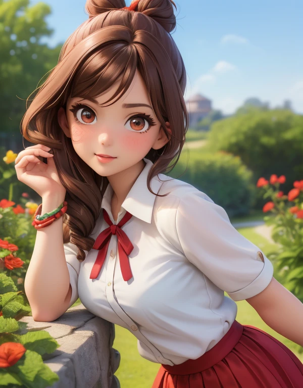 Luisa , brown hair, hair bun with red ribbon, brown eyes, upper body,  close up,  muscular, 
 LuDres ,white shirt, long blue decorated skirt, blue sandals, bracelets,
 garden, stone bridge, morning, 
(insanely detailed, beautiful detailed face, masterpiece, best quality) 