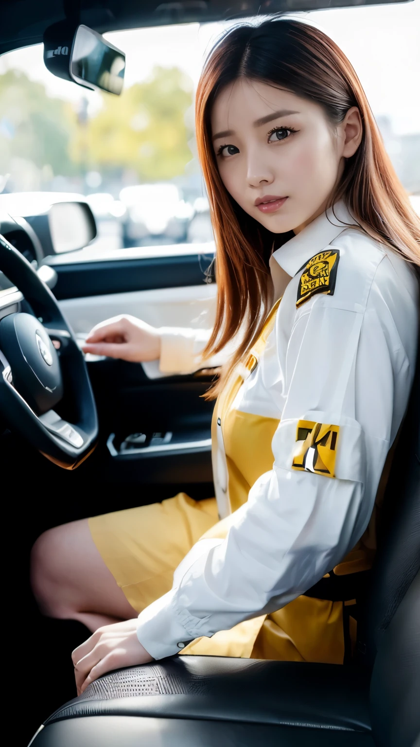 (8k, highest quality, masterpiece: 1.2), (Realistic, Realistic: 1.2), Looking back in the taxi、 (((Female taxi driver))), Take the driver's seat、Driving a taxi、((Wear a taxi cap))、Cute big tits、He is having a pleasant conversation with a passenger in the back seat.
