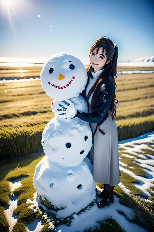 a beautiful japanese woman, 8k, super detail, best quality, (photorealistic:1.4), Making a big snowman, (full body:1.5), (long hair), 1 woman, solo, Snowy field,first-person view