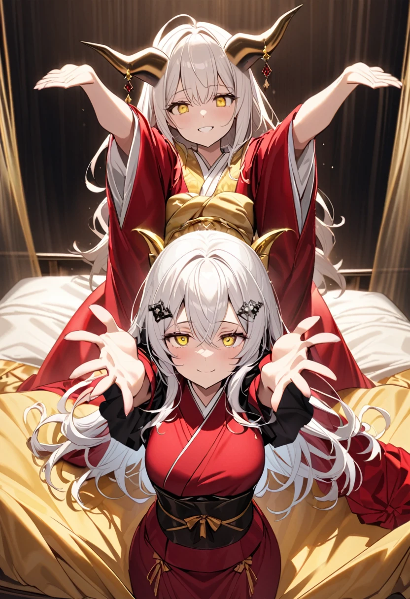 Flowing white hair, melancholy eyes, warm smile, yellow eyes, black diamond-shaped horn-like hairpin, gorgeous silk cherry-red kimono, A large golden silk bed with a down comforter so soft that it sinks in when you stand on it,standing on a bed,arms up, incoming hug,