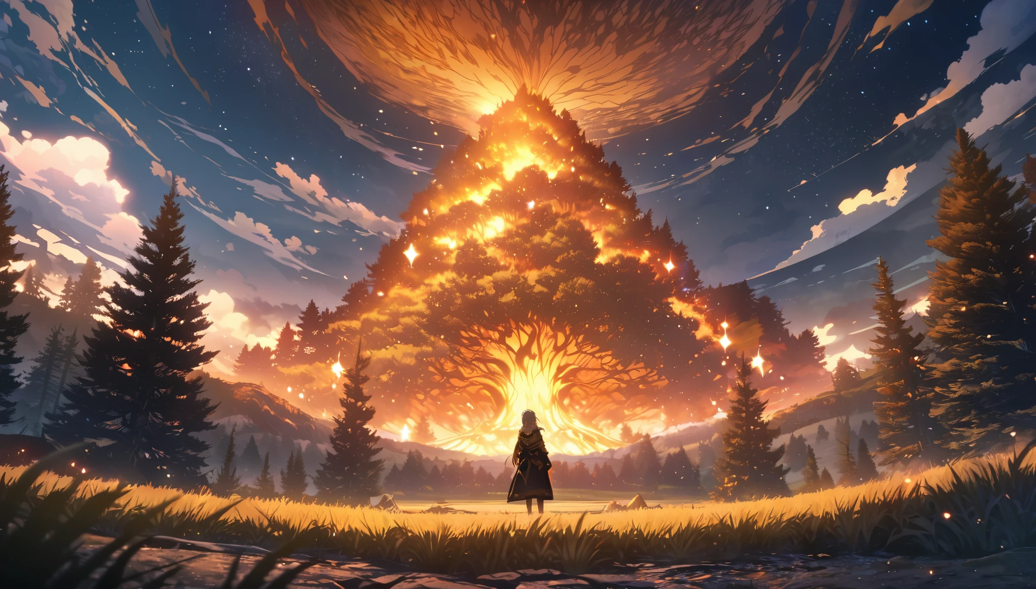 anime aestetics, fantasy landscape, dark blue skies, white dots of stars, huge tree with golden shining leaves on the right, valley, tall grass, bonefire, POV, pine trees on the sides, dark fantasy aestetics, beautiful skies, wide shot, sad and calm atmosphere, 4k, masterpiece:1.4, best quality,4k,high resolution ultra detailed, retina
