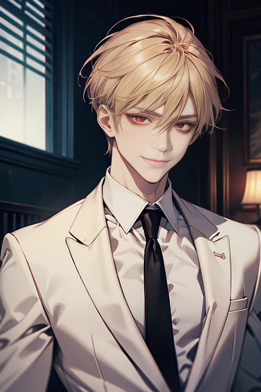 Masterpiece, best quality, finely details, red eyes, short blonde hair, smirk facial expression, white shirt, elegant, black suit.