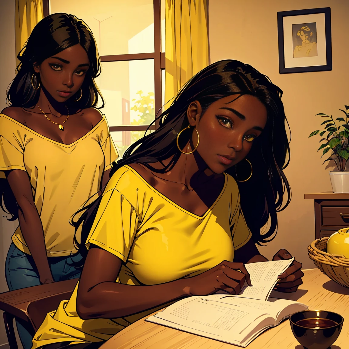 Dark skin young woman in a soft yellow shirt, long black hair, boho chic luxury home interior