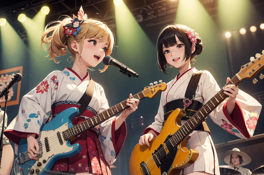 (masterpiece, best quality:1.1), popart style,flat color, (power trio band),girls band on stage,tween girls,wear kimono,guitar,drum,high voltage,enjoy playing,japanese steam-punk,taisho era,dynamic angel,very happy,beautiful lighting, photographic portrait, sharp,Illustration by okama,