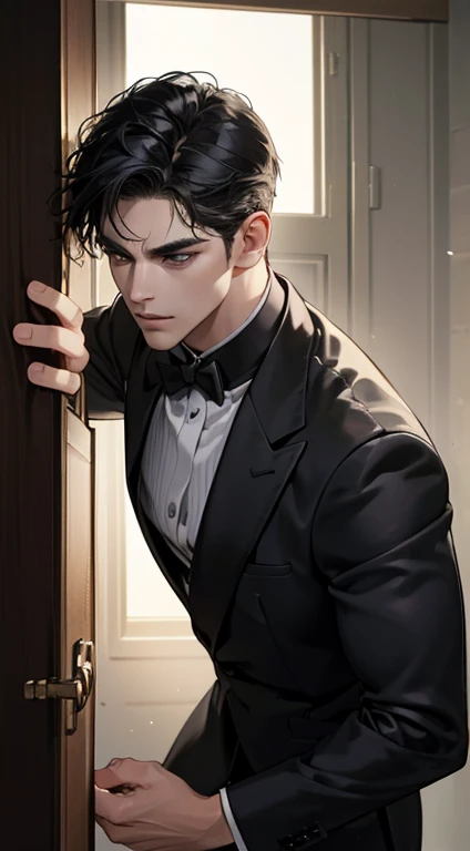 (best quality, masterpiece, 8K, photorealistic, cinematic lighting, hdr image, ultra detailed, beautiful image), 1 man, mature, very handsome, serious expression, short black hair, black eyes, arranging suit