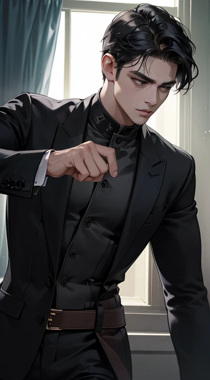 (best quality, masterpiece, 8K, photorealistic, cinematic lighting, hdr image, ultra detailed, beautiful image), 1 man, mature, very handsome, serious expression, short black hair, black eyes, arranging suit