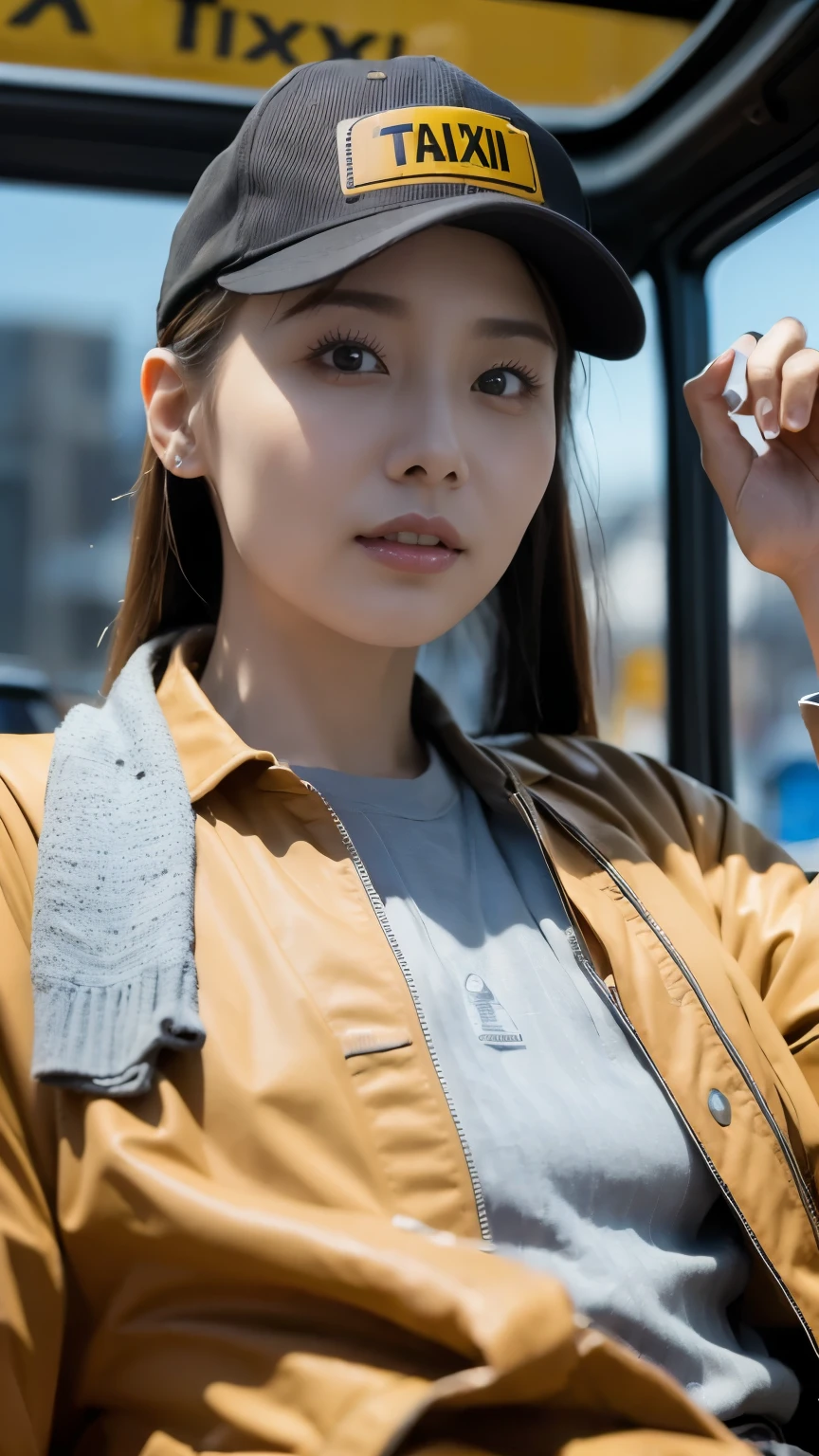 (8k, highest quality, masterpiece: 1.2), (Realistic, Realistic: 1.2), In a taxi、 (((Taxi driver))), Driving a taxi、Wear a taxi cap、