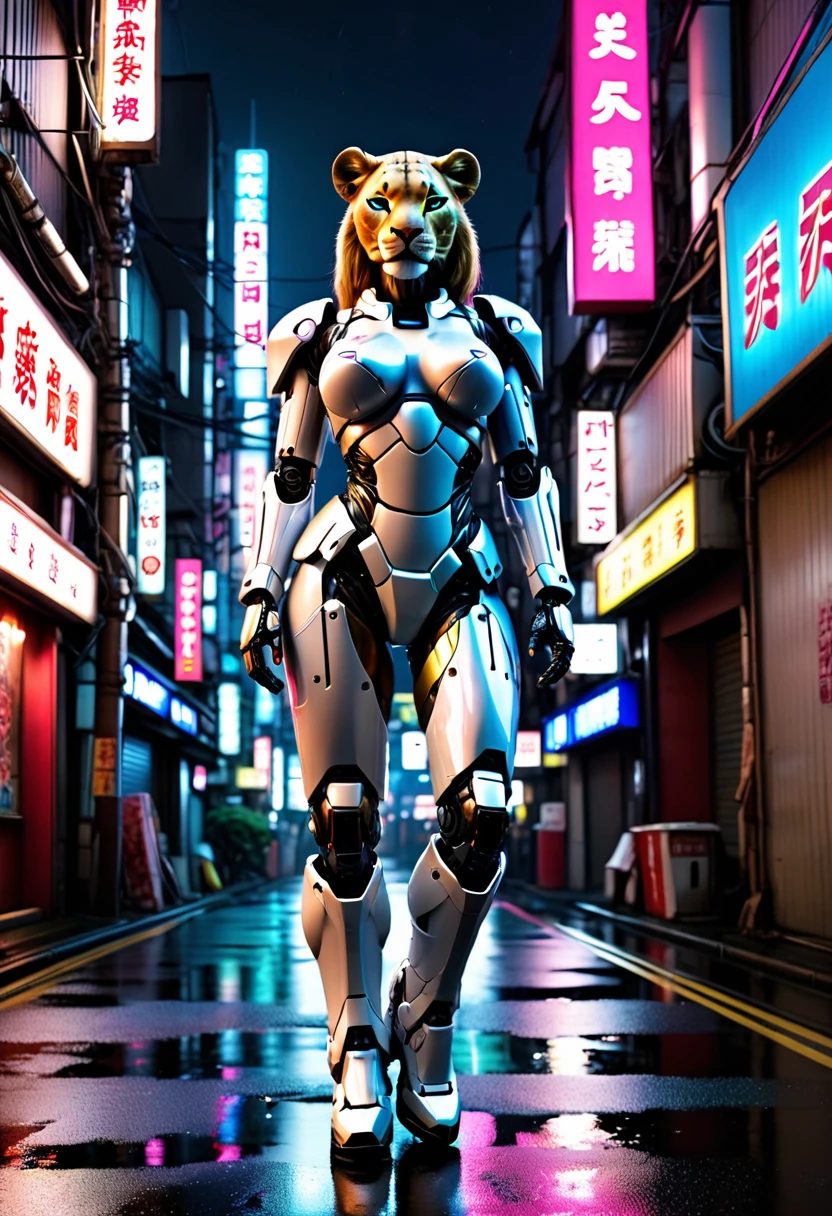 Anthropomorphic sexy lioness, medium breasts, white android body, ((full robotic body)) cybernetic enhancements, combat armour, neon glow, urban setting, back streets of Tokyo, night time,. neon signs reflecting on wet streets, full body view, view from below looking up, photorealistic, high quality photography,