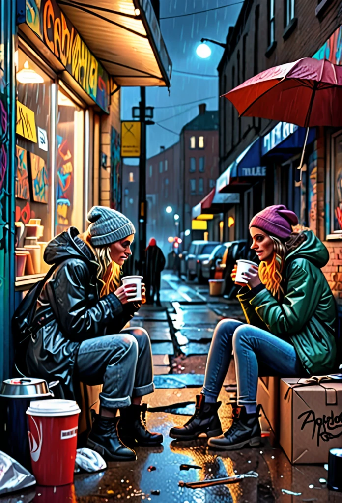A RAW 8K picture of ((two beautiful female)) homeless, a refugees in their own city, sipping a cup of take away coffee on their camp on a pavement in front of an abandoned grocery store with graffiti on the wall, with a lot of neighboring tents, insanely detailed street objects, night street lighting, masterpiece cinematic illustration with Don Lawrence color pencil, octane render, ultra sharp and crisp, 8k, high resolution, with more people in the background, including an old man playing guitar nearby, with rainy weather and umbrellas