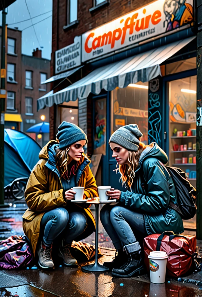 A RAW 8K picture of ((two beautiful female)) homeless, a refugees in their own city, sipping a cup of take away coffee on their camp on a pavement in front of an abandoned grocery store with graffiti on the wall, with a lot of neighboring tents, insanely detailed street objects, night street lighting, masterpiece cinematic illustration with Don Lawrence color pencil, octane render, ultra sharp and crisp, 8k, high resolution, with more people in the background, including an old man playing guitar nearby, with rainy weather and umbrellas