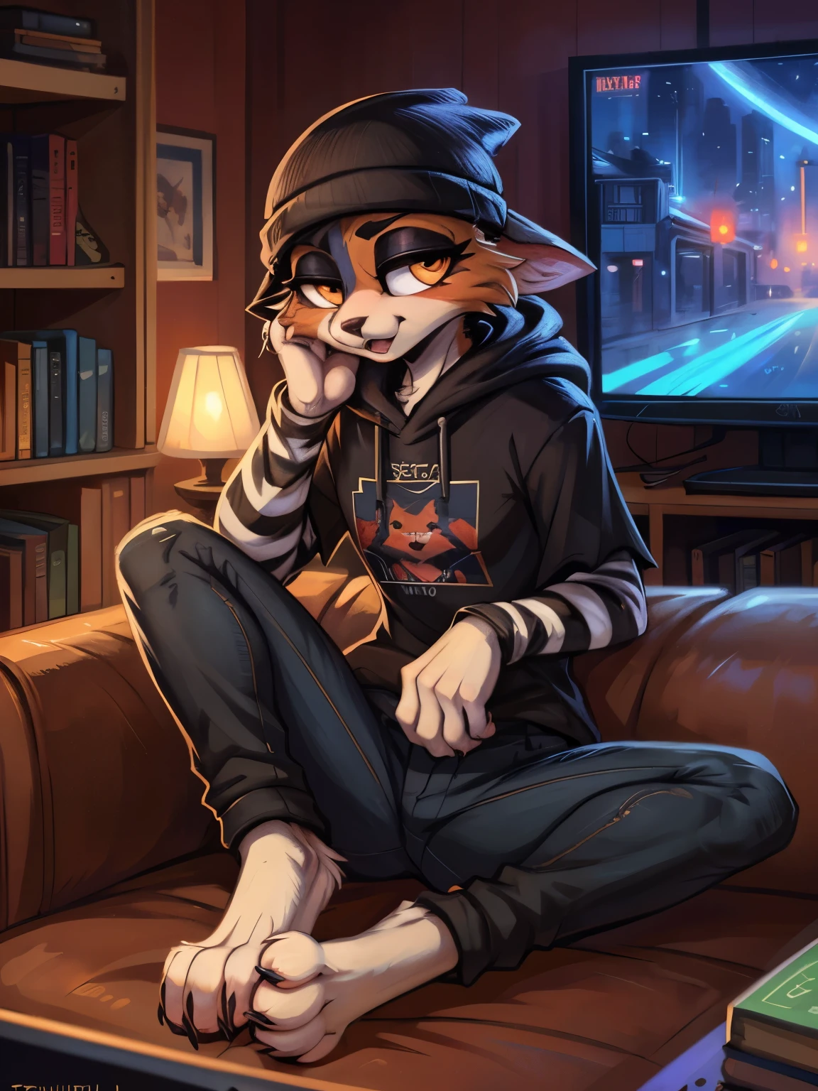 (best quality, masterpiece:1), solo, (shaded face:1.2), furry female anthro meowskulls, (noseless:1.1), sitting on couch, living room, tv, videogames, tail, medium breasts, bored, looking away, closed mouth, (mocking smile), (shivering:1.2), half-closed eyes, beanie, black hoodie, striped sleeves, black jeans, meowskulls paws, visible feet, (living room background, night), by kenket, Ross Tran, ruan jia, zaush, foxovh, by Zackary911, by hyattlen, by teranen, by fumiko, by Pixelsketcher, by Bayard Wu, by Thomas Benjamin Kennington, by Einshelm, by Kilinah, by Coffeesoda, by Hioshiru, by fluff-kevlar, by r-mk, by Dimwitdog, SFW