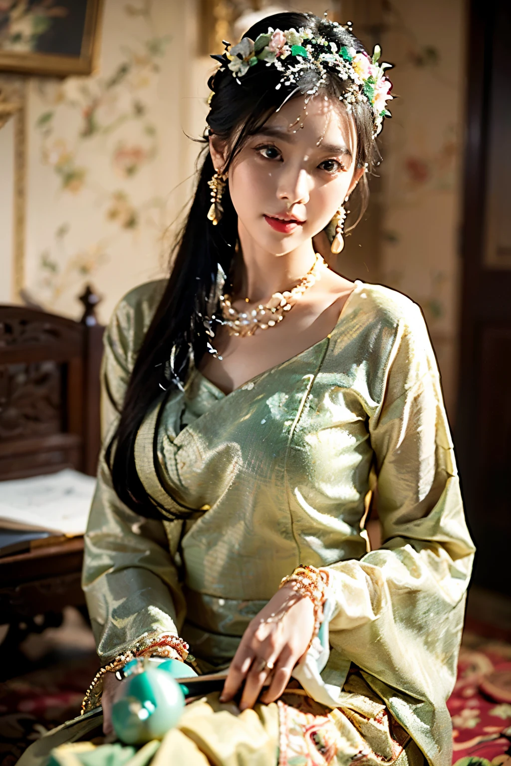 (best quality,4k,8k,highres,masterpiece:1.2),ultra-detailed,(realistic,photorealistic,photo-realistic),stunning Burmese patterned Green traditional dress lady, MMTD Green BURMESE PATTERNED TRADITIONAL DRESS , WEAR PEARL NECKLACES AND GOLD BRACELETS,FULL BODY DETAILS BEAUTY, Green Dress, beautifully adorned, eye-catching brocade patterns, rich and vibrant colors, detailed embroidery work, exquisite textures, meticulously handcrafted dress, vividly captures the essence of Burmese culture,traditional floral motifs,black single bun hair with flower,intricately arranged hairpiece, delicate and feminine, adds a touch of sophistication,soft yet confident expression,deep and captivating eyes,lustrous lips with a hint of a smile,flawless complexion, polished and refined, mesmerizing presence, subtle lighting, dramatic shadows, showcases the lady's grace and beauty, immersive visual experience, full body photoshoot, perfect body, perfect hands, big bust, big hip, fullbody.
