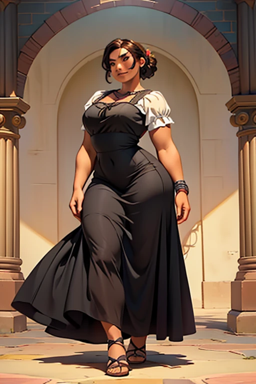 (((Luisa Madrigal from Disney's Enchanto))), toned skin, black hair, long abs (curvy) (wide hips) ((long sundress)), see-through, dark atmosphere