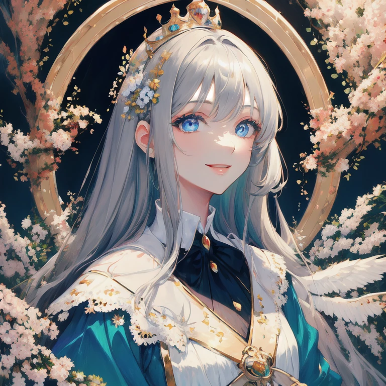 Gray Hair, Bright Blue Eyes, Woman in white dress, smile, Detailed face, high quality, Royalty, Royal princess, Elegant and pure