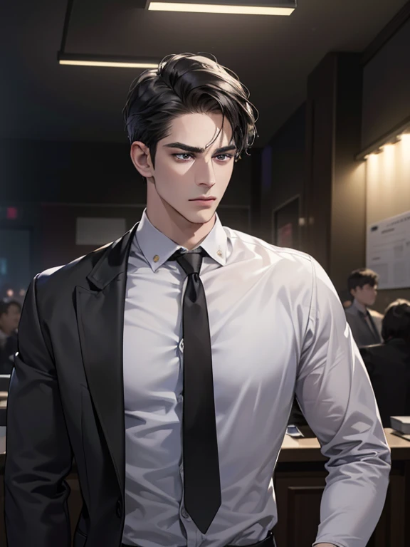 (best quality, masterpiece, 8K, photorealistic, cinematic lighting, hdr image, ultra detailed, beautiful image), 1 man, 31 years old, mature man, very handsome, (without expression, serious), short black hair, black eyes ( penetrating gaze), imposing posture, businessman, office background