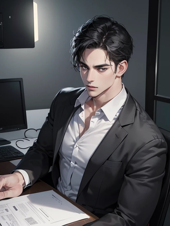 (best quality, masterpiece, 8K, photorealistic, cinematic lighting, hdr image, ultra detailed, beautiful image), 1 man, 31 years old, mature man, very handsome, (without expression, serious), short black hair, black eyes ( penetrating gaze), imposing posture, businessman, office background