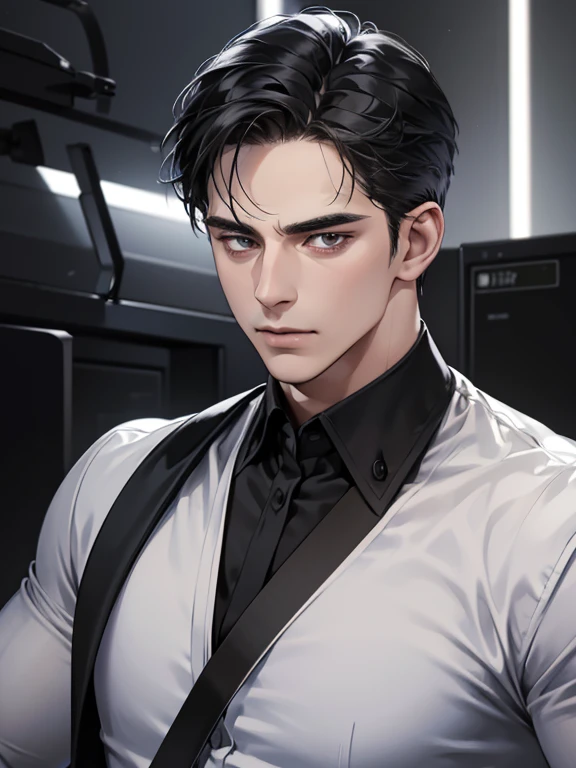 (best quality, masterpiece, 8K, photorealistic, cinematic lighting, hdr image, ultra detailed, beautiful image), 1 man, 31 years old, mature man, very handsome, (without expression, serious), short black hair, black eyes ( penetrating gaze), imposing posture, businessman, office background