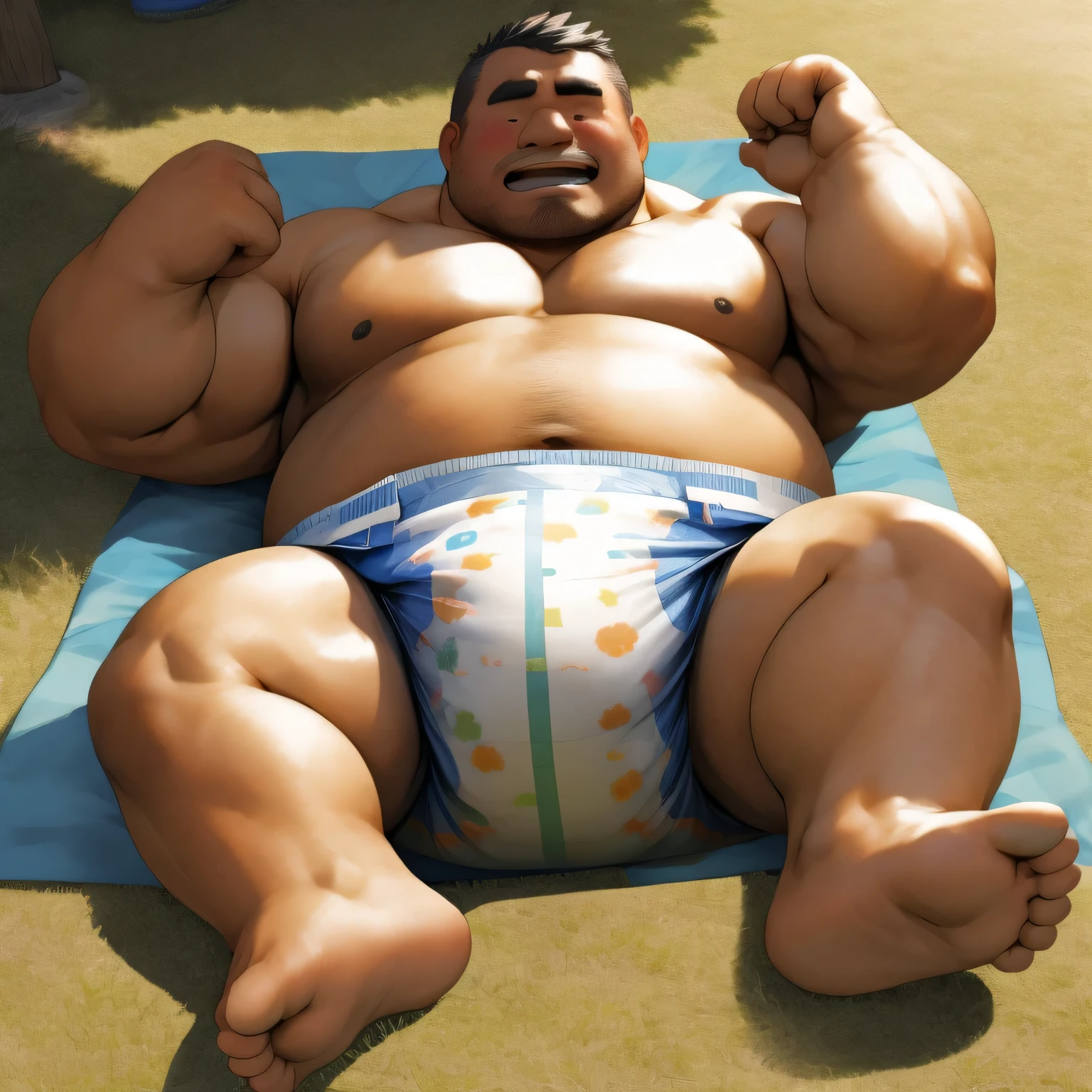 masterpiece, Top quality, in 32K, perfect anatomy, hyper detailed, photo realistic, super fine illustration, The thick man is a brutal prisoner, asian, retarded, human, 50yo in japan, Fatty muscle, (fatness:1.2), Bowleg, disappointment, incontinent, be diaper check by children, There is a small puddle under him, Naked, short legs, Bowleg, spread and lifting legs, wear a White cloth Diaper, White Diaper without pattern, Pampers, Bare belly, Bare legs, Bare foots, Bare soles, Shirtless, wide forehead and short thinning hair, round face with stubble, Bare foots, Bare soles, shy, sobbing, weak, sissy, Round face, He enters nursery school and is despised by children, He is taken care of by the children at the nursery school, He surrounded by children in playpen, Bare foots, big butt, White Diaper, sobbing, There is a small puddle under him, sobbing, He is lying on changing mat in lawn park, foreskin, top view, open diaper, Diaper change, foreskin, open diaper, Diaper change