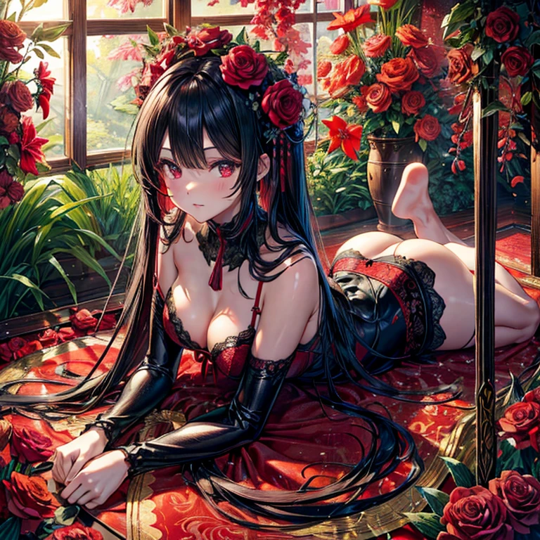 raffed woman in lingerie posing on a bed with a red rose, lingerie, very sexy devil outfit, Red and Black costume!!!, wearing sexy lingerie, laced lingerie, Black and Red, attractive, Fantasy Costume, Black and Red silk clothing, Black and Red only, lingerie!!, silk, Teasing, Red and Black, sexy, sexy :8, tumbler、Surreal Waigi Flowers, Soft Light Misty, Magic Flower, A flower with very long petals, Glowing Flower, Alien Flower, Beautiful images, Shiny delicate flowers, Stunningly beautiful,Higanbana、Amaryllis、a close up of a field of Red flower in a forest, Red flowerが咲く, Light but dark red, A glimpse of red, Red flower, Very red color, Red Forest, bright red, bright red colors, Red flower of different types, bright red and green colours, In the world of red dreams, Red magic surrounds her, Red Iris、 Japanese House, Amazing light reflection, Traditional Japanese colors, Gorgeous composition, Magical colors and atmosphere, Black Hairの、Black Hair、Black Hairの姫カット、Black Hairのロング、hair ornaments、hairpin、Decorate your hair with flowers、Decorate your hair with flowersびら、The most beautiful woman、wonderful、Stylish、Exquisite style、dual、Iris、Seductive eyes、Strand、Strand間