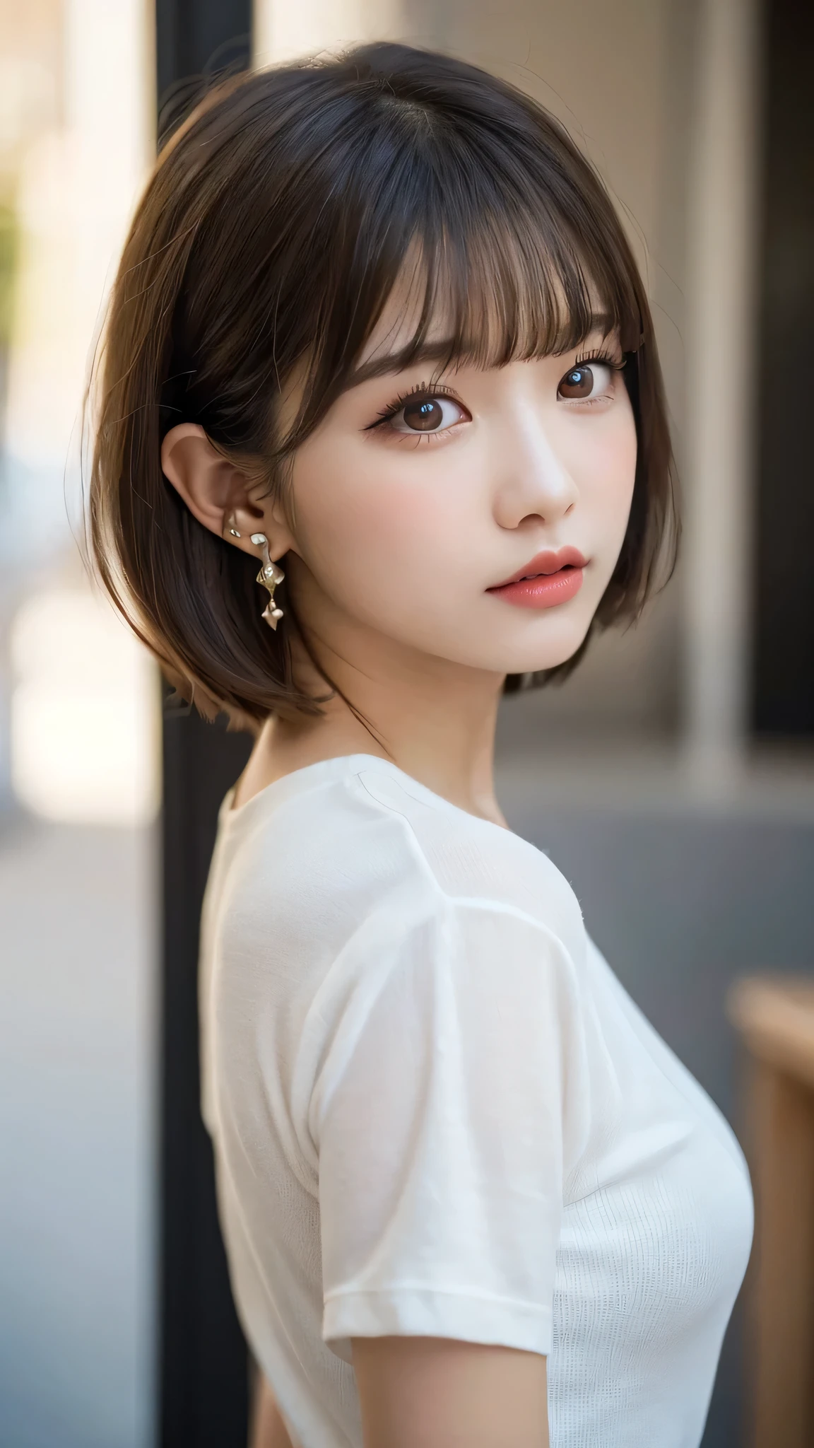 (highest quality, masterpiece), One girl, beautiful girl, Brown eyes, , ((Pixie cut with bangs)), Earrings, lips, Short sleeve,Realistic, Tight waist, Charm, Colorful Makeup, Long eyelashes, Fair skin, (cute), (Detailed face), Detailed eyes, Detailed Iris,