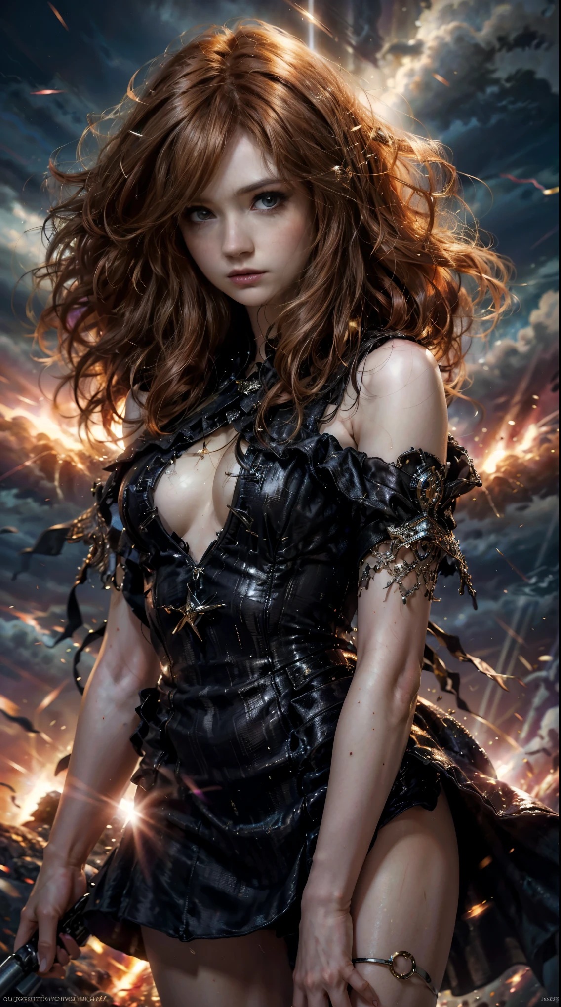 (skindentation:1.5), Realistic, Photorealistic, Karen Gillan in , (masterpiece:1.5), concept art, intricate details, highly detailed, photorealistic, octane render, 8k, unreal engine, dynamic pose, best quality, highres, (realistic face:1.1), (hyperrealistic:1.1), ((full_body)), nudeve big breast, t eyes,(shiny skin:1.2), (((hairstyle))), (((perfect hands))), (extremely detailed background), ((dynamic background)), ((lightning)), (light rays), ((1girl)), cloak on her shoulder, visible nipples, ((detyes, high quality eyes, high quality face)), long curly windblown hair, casting lightning, electricity, swirling fire, radiating power, sparks, smoke, magic, ((dramatic)), epic, battlefield, depth of field, bokeh, 4k, gothic, ember, particles