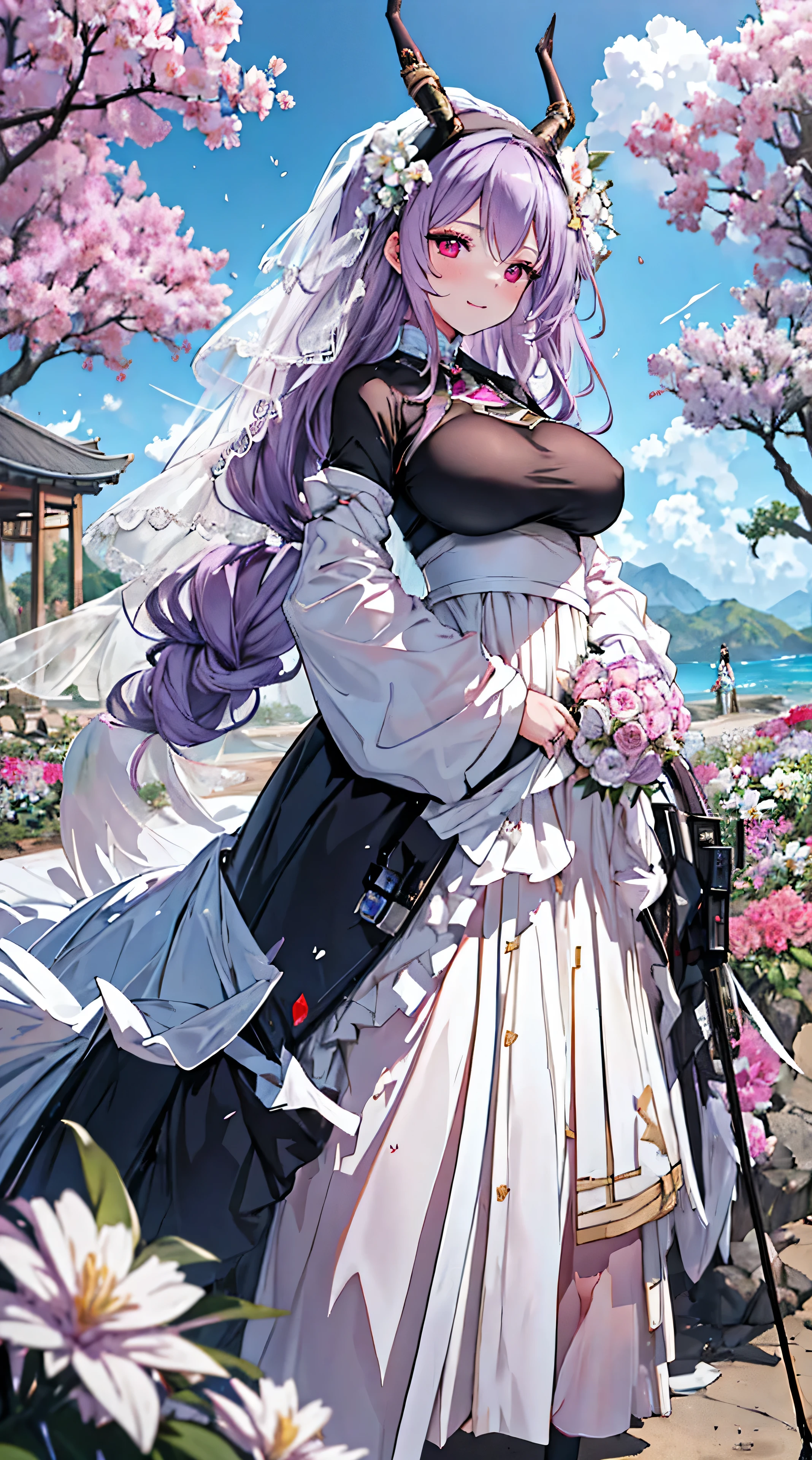 typhon| arknights, Masterpiece, best quality, 1 girl,25 years old, proportion body, Huge, enormous breasts, proportion., very long hair, hairband, purple hair, red eyes, wedding dress, wedding dress white, long skirt, wedding, ,only, standing in the middle of a flower garden, outdoor, wedding, The sky is beautiful, In the paradise of love and happiness............................, The bride wore a Japanese dress and had a seductive smile............................., Time stopped for them............................., On this wedding day of love and happiness............................, bright and beautiful flowers, Holding it in her hand is a symbol of enveloping love............................., Love and friendship through sending flowers, In the paradise of love and happiness............................, The bride wears a yukata and wears a mask............................., It is a beautiful and elegant style............................., Show your heart to your spouse............................, In the paradise of love and happiness............................, Kojikugisa is the tree of new beginnings............................., and their love and affection........................., And suck a lot of love............................., Flowers represent love and peace............................., In the paradise of love and happiness............................, Looking at the audience from the front., thigh strap, tilt your head, bored, 10, 10, high resolution, smile a little,